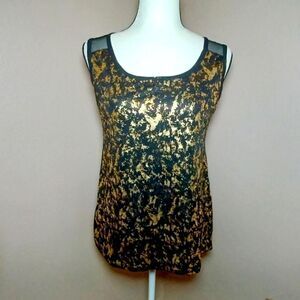 Cleek Party metallic gold and black sheer hi-lo blouse Size L